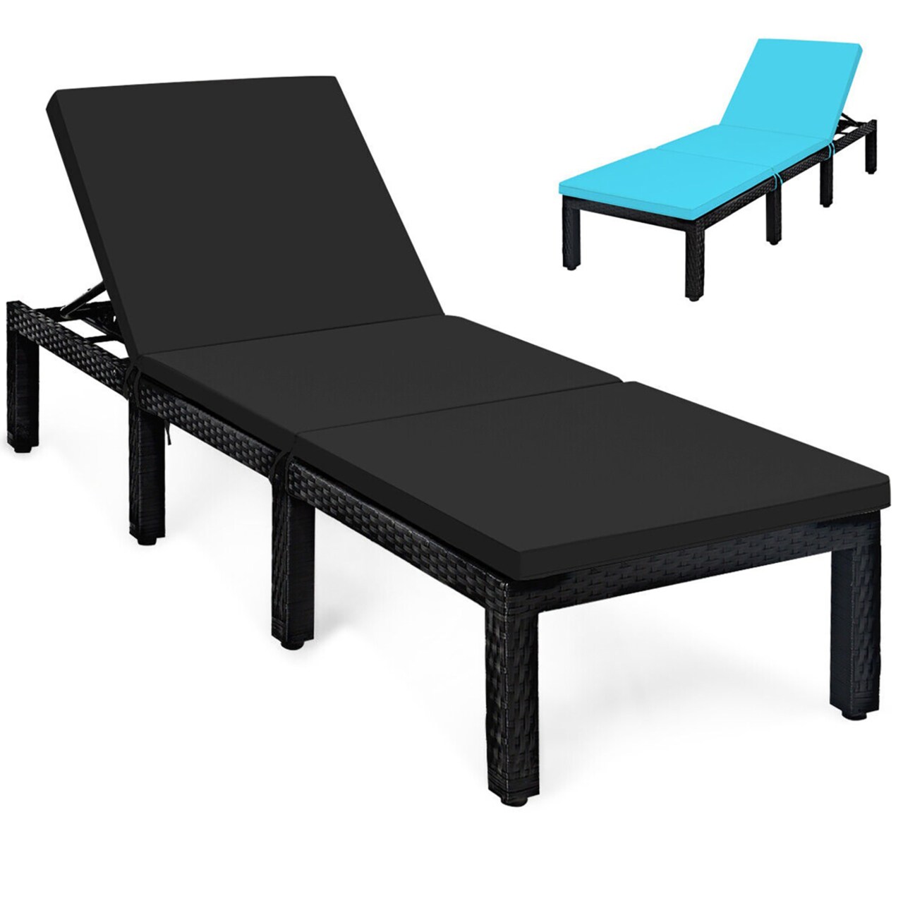 Adjustable Rattan Patio Chaise Lounge Chair Couch W/ Black And Turquoise Cushion